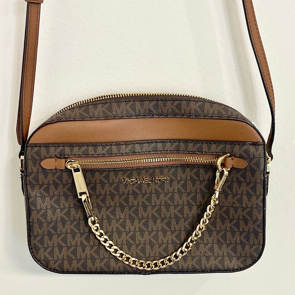 Michael Kors Jet Set Crossbody – Brown MK Logo w/ Chain Detail